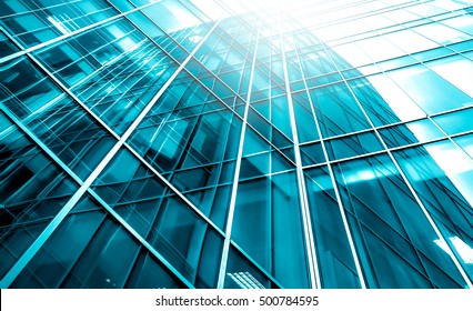 Panoramic and perspective wide angle view to steel light blue background of glass high rise building skyscraper commercial modern city of future. Business concept of success industry tech architecture - Shutterstock ID 500784595