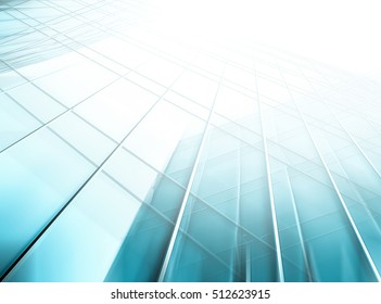 Panoramic And Perspective Wide Angle View To Steel Light Blue Background Of Glass High Rise Building Skyscraper Commercial Modern City Of Future. Business Concept Of Success Industry Tech Architecture