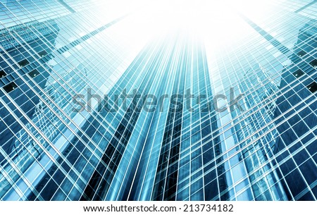 Panoramic and perspective wide angle view to steel light blue background of glass high rise building skyscraper commercial modern city of future. Business concept of success industry tech architecture