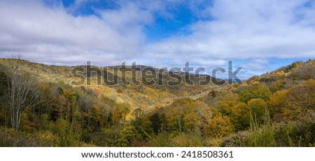 A panoramic photo of the Appalachian Mountains in autumn, taken from an overlook on the Cherohala Skyway, showcasing the vibrant hues of fall foliage covering the slopes and valleys.
