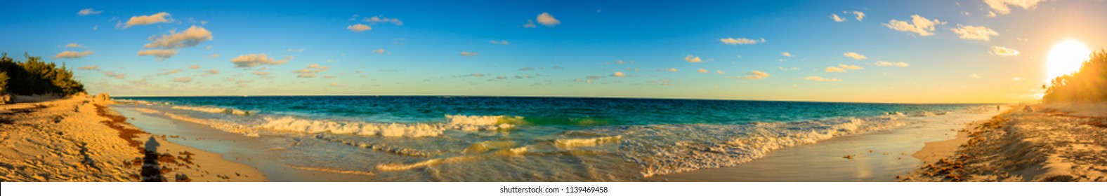 Panoramic Photo Of Beautiful Sunset Over The Horseshoe Bay Beach In Bermuda.