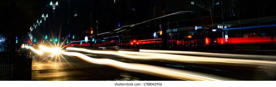 Panoramic Photo Of Car Traffic In Time Lapse On Paulista Avenue In São Paulo, Brazil At Night