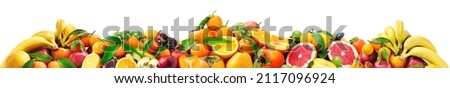 Panoramic photo with fresh fruits isolated on white background.