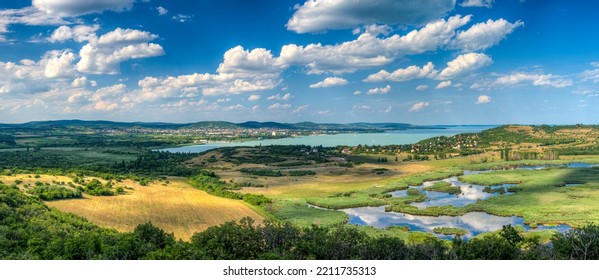Panoramic photo of Lake Balaton area in Hungary with marshland, fields and forests - Shutterstock ID 2211735313