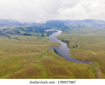 Panoramic Photo Of The River In The Nature. Summertime. Non Urban Scene