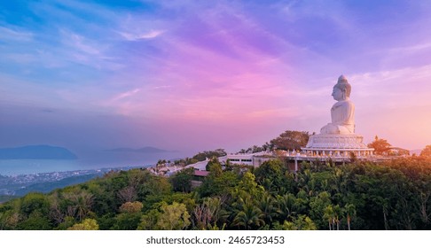 Panoramic photo of statue big Buddha in Phuket on sunset sky, aerial top view. Concept travel Thailand landmark. - Powered by Shutterstock