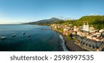 Panoramic photo of the town of Saint Pierre in Martinique, French West Indies, Caribbean, with Mount Pelee in the background