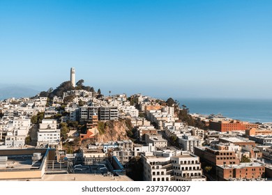 Panoramic picturesque cityscape view of San Francisco from above on clear blue summer day towards Coit Tower and Telegraph Hill, California, United States.