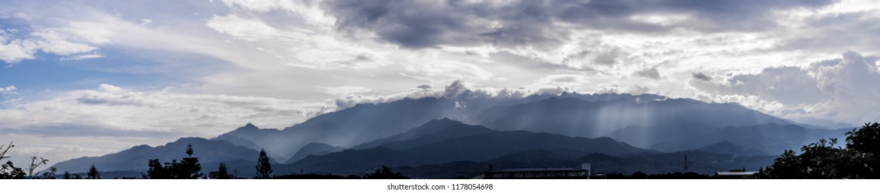 Panoramic Pine Tree Shot Of Farallones Mountains. Cali, Colombia.