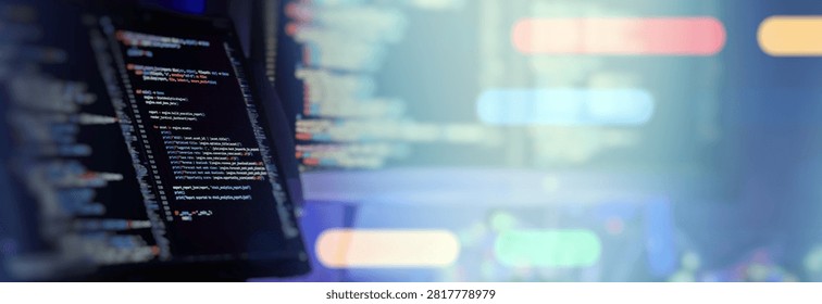 Panoramic programming background with financial analytics code and blurred copy space.