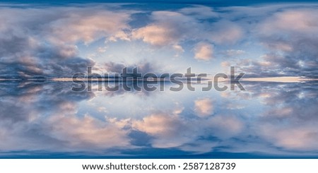 Panoramic reflection of soft clouds and vibrant skies over scenic landscapes.