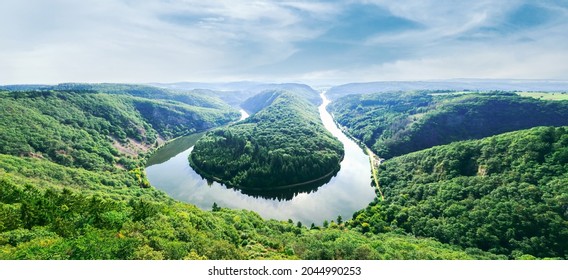 panoramic of Saarschleife - Saar river loop in Saarland, Germany. landmarks, travel guide and postcard. landscape banner