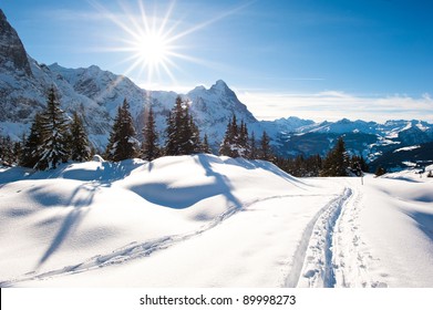 Panoramic scenery above Grindelwald, Switzerland in winter