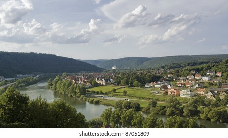 panoramic scenery around a city named "Wertheim am Main" in Southern Germany at summer time