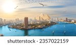 Panoramic scenery of Gezira island and the Pyramids of Cairo, Egypt