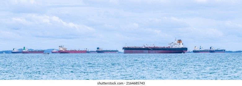 Panoramic Scenery Of Sea At Singaport Strait With Many Container Ship And Cargo Vessels