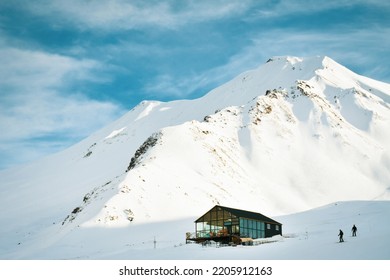 Panoramic Scenic View Of Outdoor Mountain Cafe Empty Seats With No People In Gudauri Ski Resort At The End Of Season