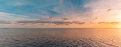 Panoramic Sea Skyline Beach. Amazing Sunrise Beach Landscape. Panorama Of Tropical Beach Seascape Horizon. Abstract Colorful Sunset Sky Light Tranquil Relax Summer Seascape Freedom Wide Angle Seascape