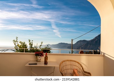 Panoramic sea view from luxury apartment on the Mediterranean Sea. Terrace balcony with arch overlooking the coastline in Praiano, Amalfi Coast, Campania, Italy, Europe. Summer vacation vibes. Awe - Shutterstock ID 2159142881