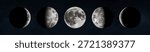 Panoramic sequence showing five moon phases against a starry dark sky. From left to right: waxing crescent, first quarter, full moon, last quarter, and waning crescent. High-detailed lunar surface