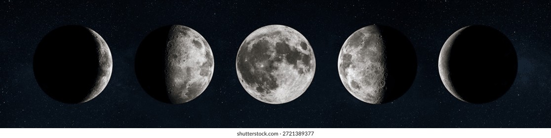 Panoramic sequence showing five moon phases against a starry dark sky. From left to right: waxing crescent, first quarter, full moon, last quarter, and waning crescent. High-detailed lunar surface