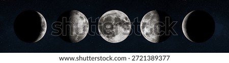 Panoramic sequence showing five moon phases against a starry dark sky. From left to right: waxing crescent, first quarter, full moon, last quarter, and waning crescent. High-detailed lunar surface