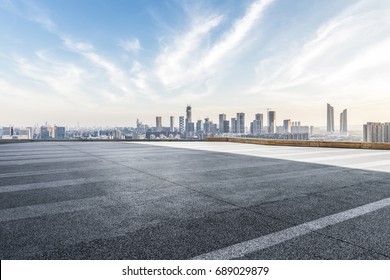 Panoramic Shanghai skyline and buildings with empty road
