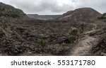 A panoramic shot from the bottom of Kilauea crater on the Big Island of Hawaii. The volcano created vast lava fields that can now be walked across.