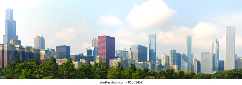 Panoramic Shot Of Downtown Chicago Looking North And West From The Museum Campus