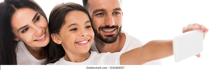 Panoramic Shot Of Happy Family Taking Selfie Isolated On White 