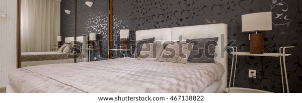 Panoramic Shot Luxury Bed Sliding Wardrobe Interiors Stock Image