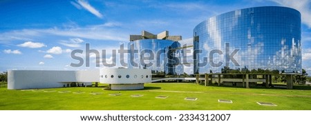 A panoramic shot of the modern glass Attorney General Office buildings in Brasilia, Brazil
