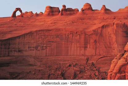 panoramic shot of red rock vista with delicate arch and eroded stone prehistoric geography, canyonlands national park, moab, utah