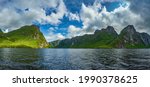 Panoramic shot from the water at Western Brook Pond in Gros Morne National Park, Newfoundland.