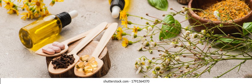 panoramic shot of wildflowers, herbs, bottles and pills in spoons on concrete background, naturopathy concept - Shutterstock ID 1791364370
