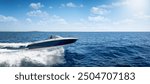 Panoramic side view of a motorboat cruising with high speed over the ocean with copy space