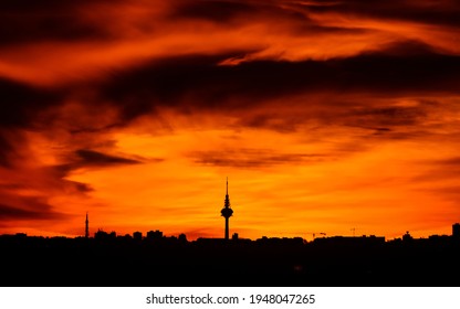 Panoramic Of The Skyline Of The City Of Madrid At Sunset