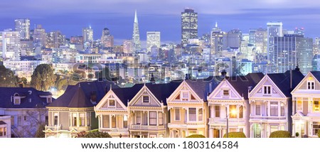 Panoramic skyline of San Francisco from Alamo Square at night, California, United States