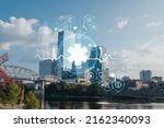 Panoramic skyline view of Broadway district of Nashville over Cumberland River at day time, Tennessee, USA. Hologram healthcare digital medicine icons. The concept of treatment from disease