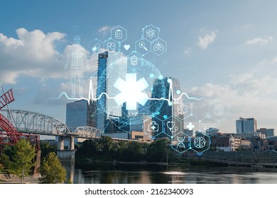 Panoramic Skyline View Of Broadway District Of Nashville Over Cumberland River At Day Time, Tennessee, USA. Hologram Healthcare Digital Medicine Icons. The Concept Of Treatment From Disease