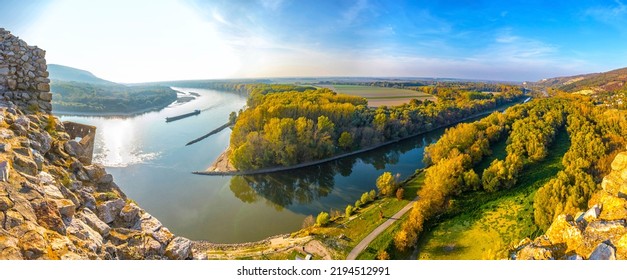 Panoramic skyline view of Danube and Morava rivers. Confluence of two rivers. View from Devin Castle near Bratislava, Slovakia on the border with Austria - Shutterstock ID 2194512991