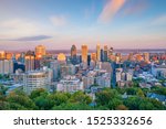 Panoramic skyline view of downtown Montreal from top view at sunset in Canada