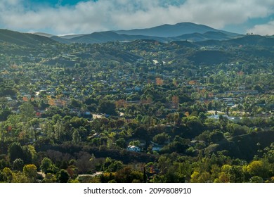 Panoramic  Of Southern California Valleys And Mountains After The Winter Rains With Homes In Conejo Thousand Oaks Valley In Ventura County 