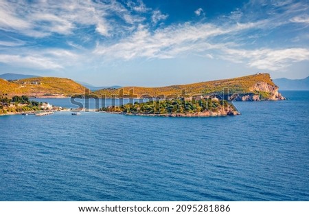 Panoramic sping view of Ali Pasha Tepelena Fortress. Attractive morning seascape od Adriatic sea. Spectacular outdor scene of Albania, Europe. Traveling concept background.