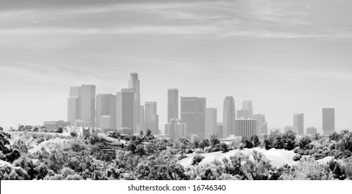 Panoramic Stitch Black And White Infrared Of Los Angeles Downtown Air Pollution Skyline