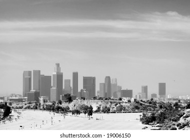 Panoramic Stitch Black And White Infrared Of Los Angeles Downtown Air Pollution Skyline