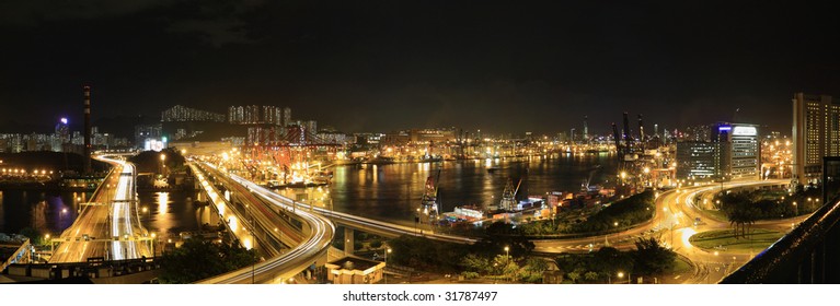 Panoramic Stitch: Cargo Terminal Of Hong Kong China In A Rainy Evening