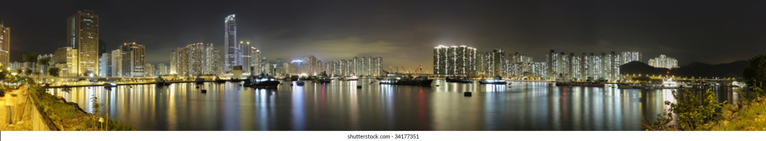 Panoramic Stitch: Victoria Harbor Of Hong Kong China At Night