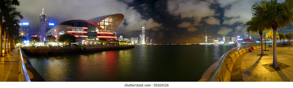 Panoramic Stitch: Victoria Harbor Of Hong Kong China At Night