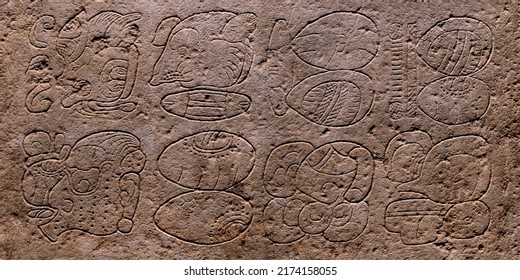 Panoramic Stone Stela Or Stele With Maya Hieroglyphics, Mexico City, Mexico.